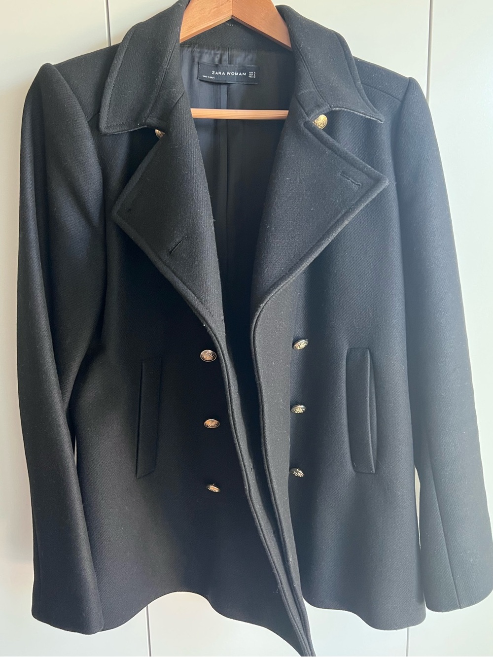Zara Black Wool Double-Breasted Peacoat with Gold Buttons
